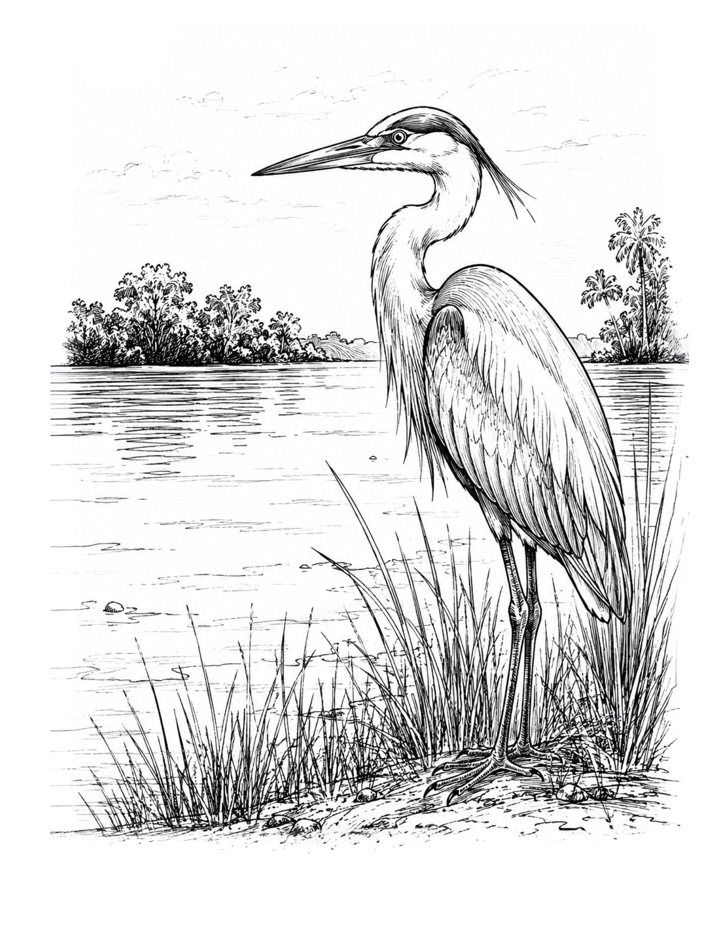 Black and white illustration of a heron by a body of water with trees in the background.