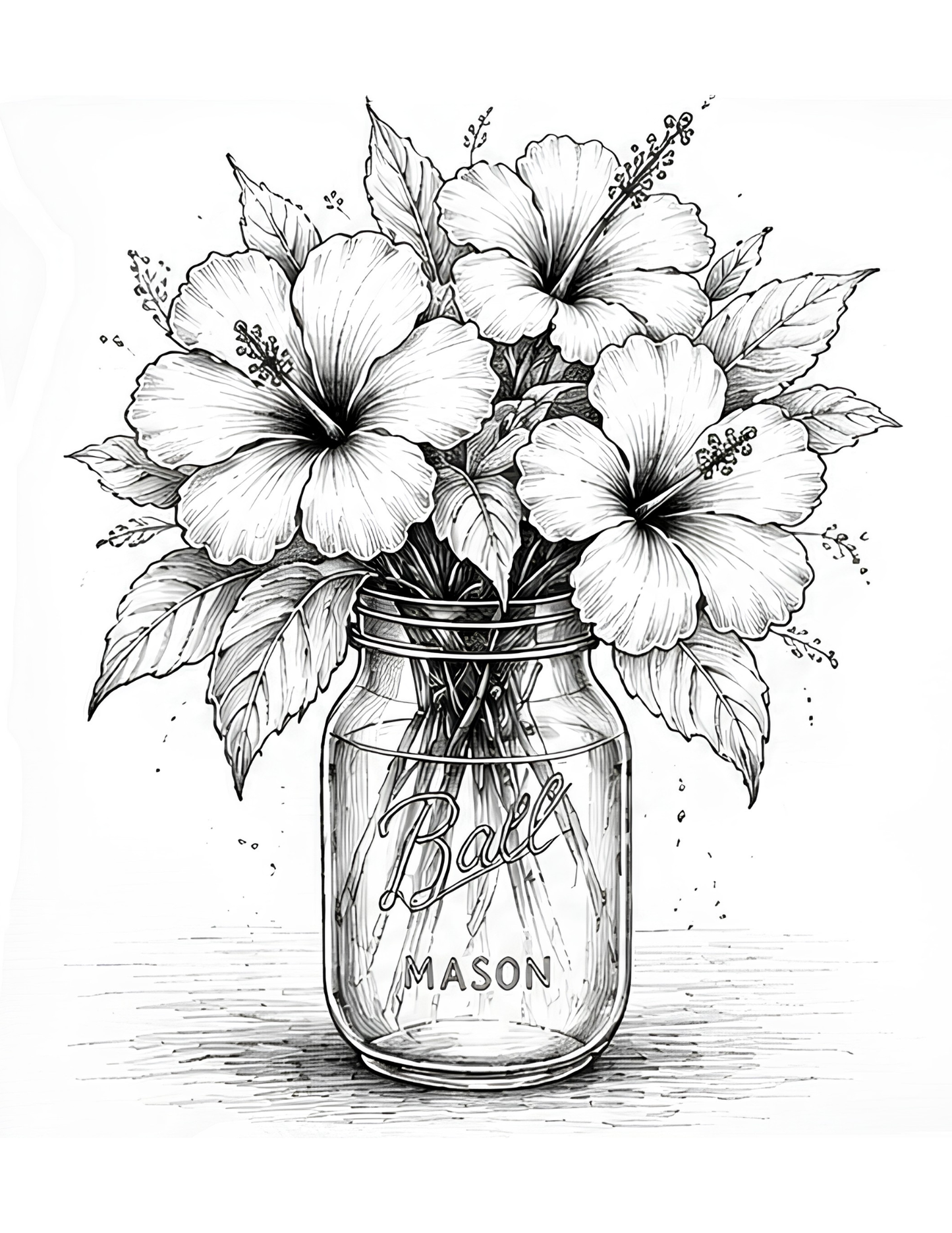 Black and white illustration of a mason jar with flowers