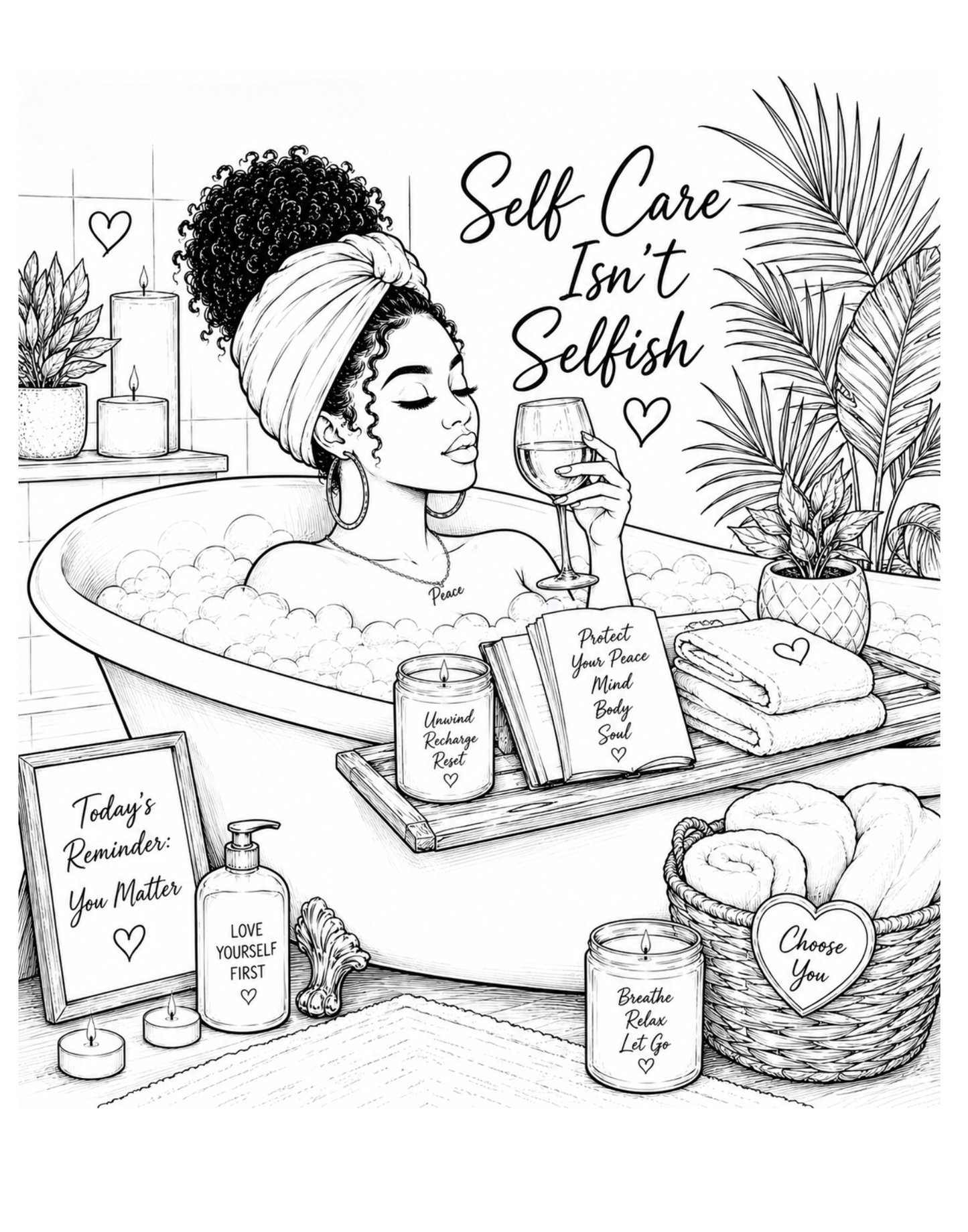 Woman relaxing in a bath with self-care items and text 'Self Care Isn't Selfish'.