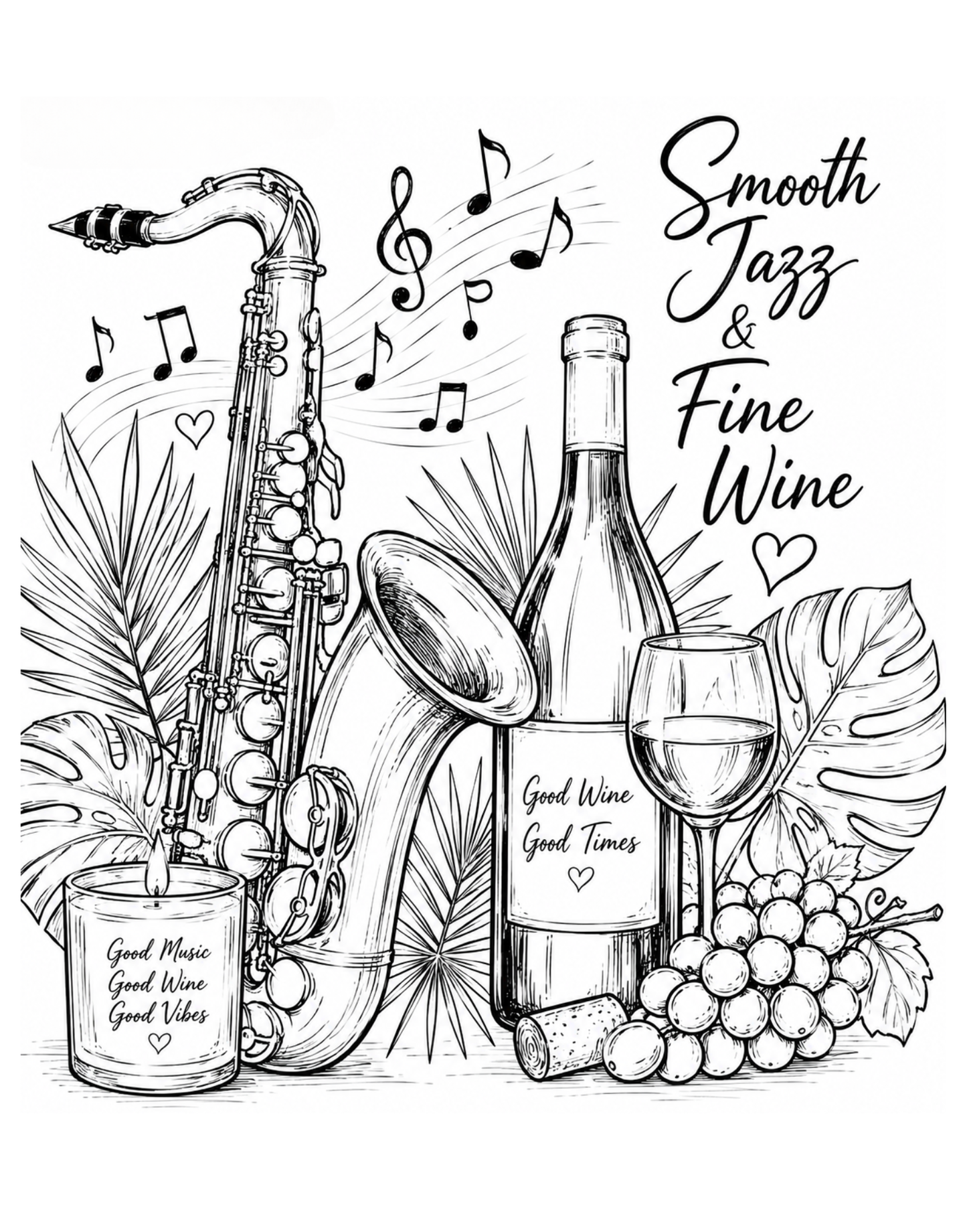 Black and white illustration of a saxophone, wine bottle, glass, and grapes with musical notes and text.