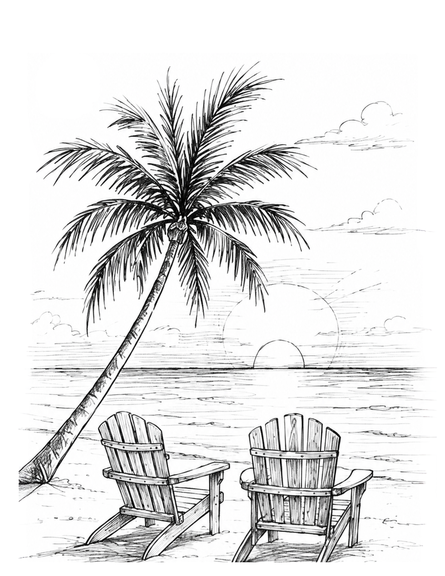 Black and white illustration of two Adirondack chairs under a palm tree on a beach at sunset.