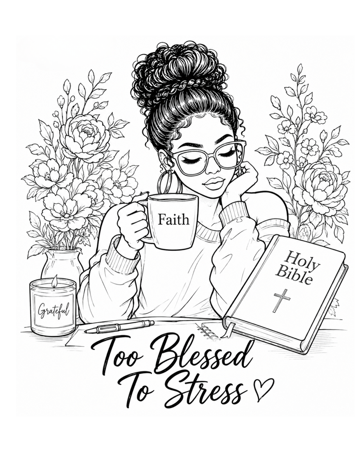 Black and white illustration of a woman holding a 'Faith' mug with a Bible, flowers, and candle.