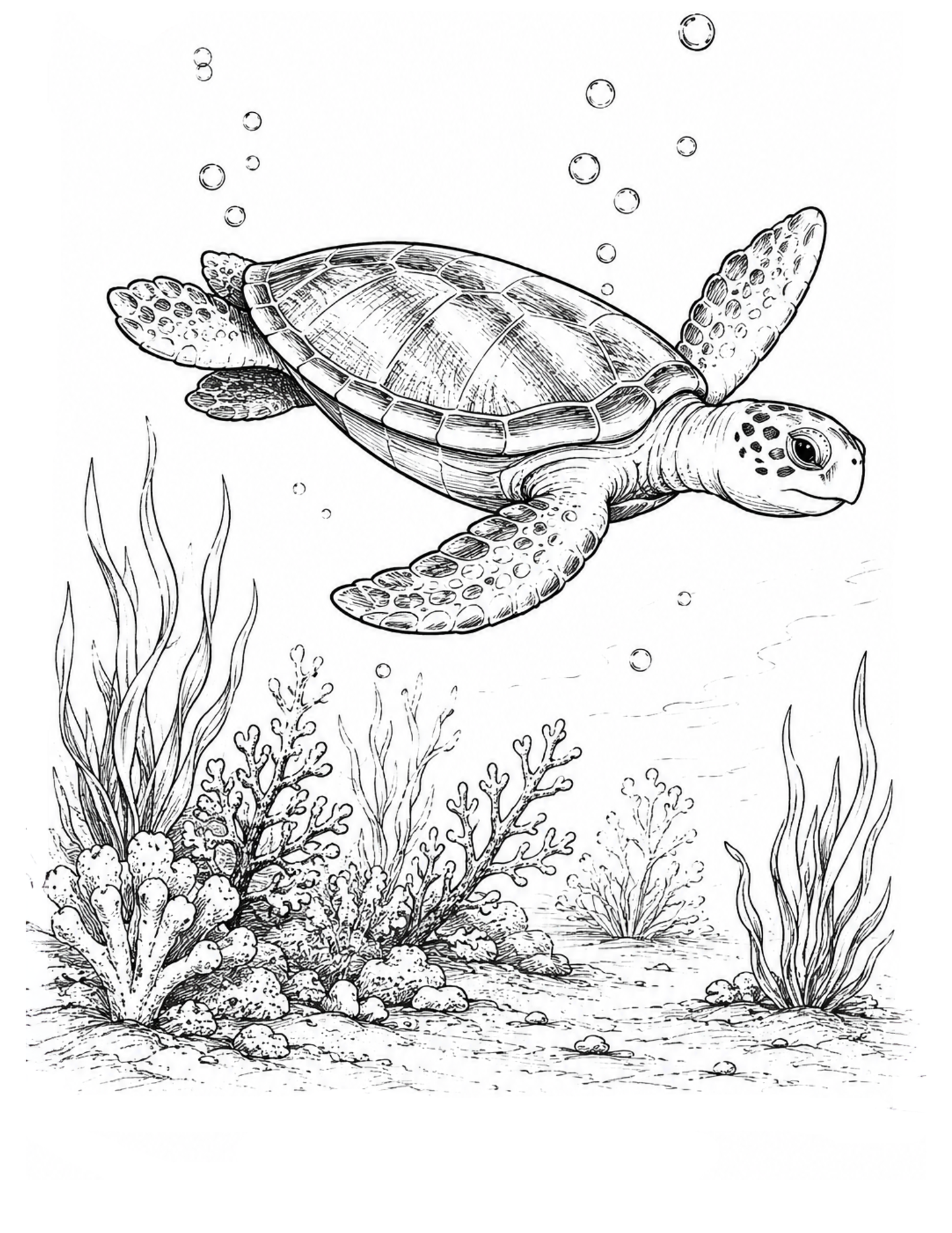 Black and white illustration of a turtle swimming in an underwater scene with plants and bubbles.