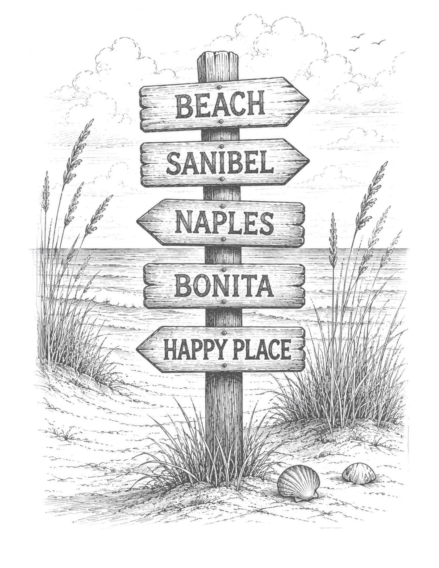 Wooden directional signpost with text in a natural setting with grass and shells.