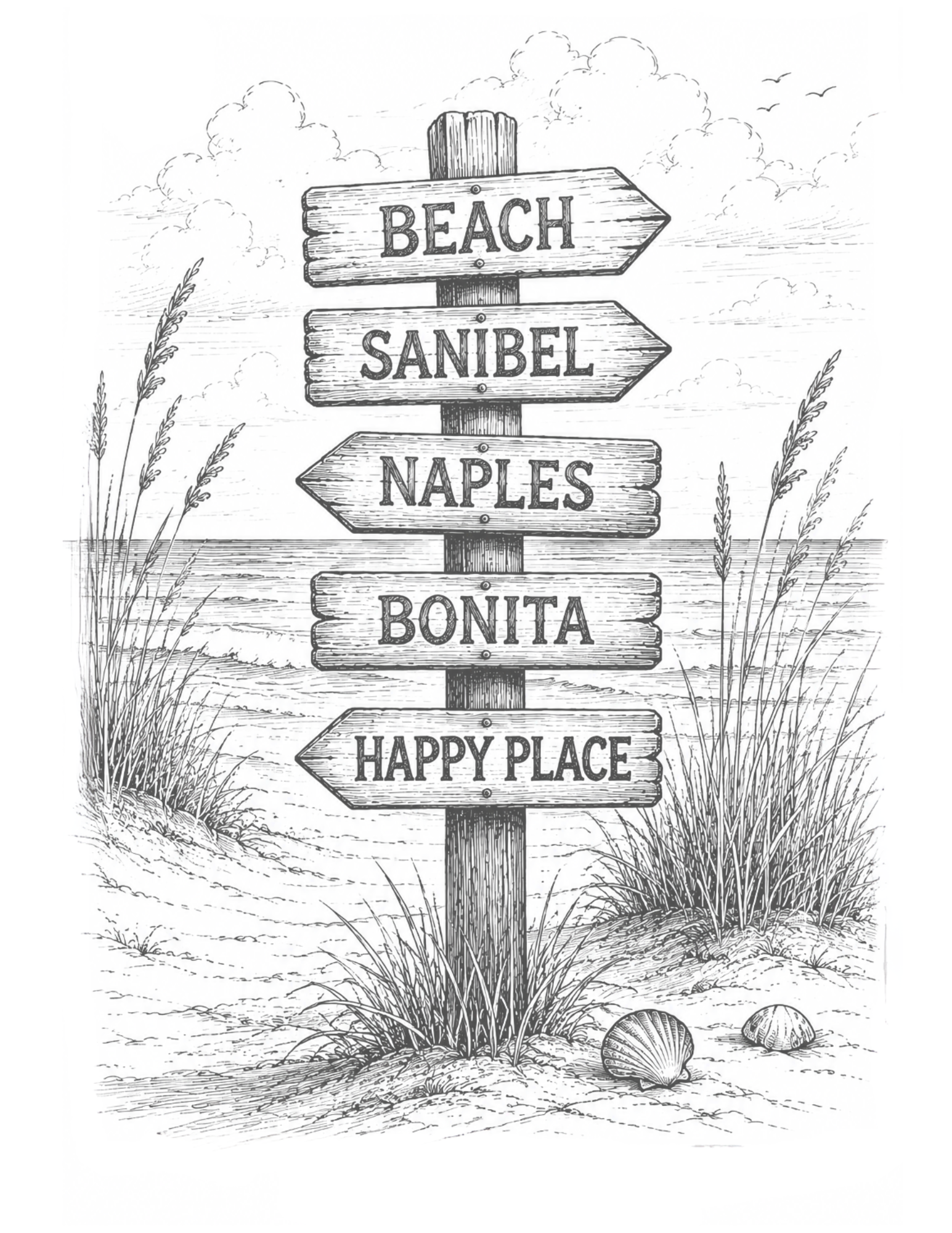 Wooden directional signpost with text in a natural setting with grass and shells.