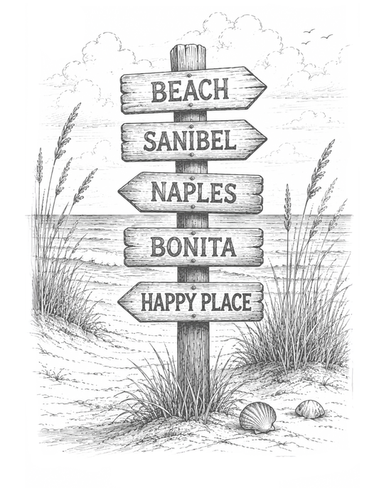 Wooden directional signpost with text in a natural setting with grass and shells.