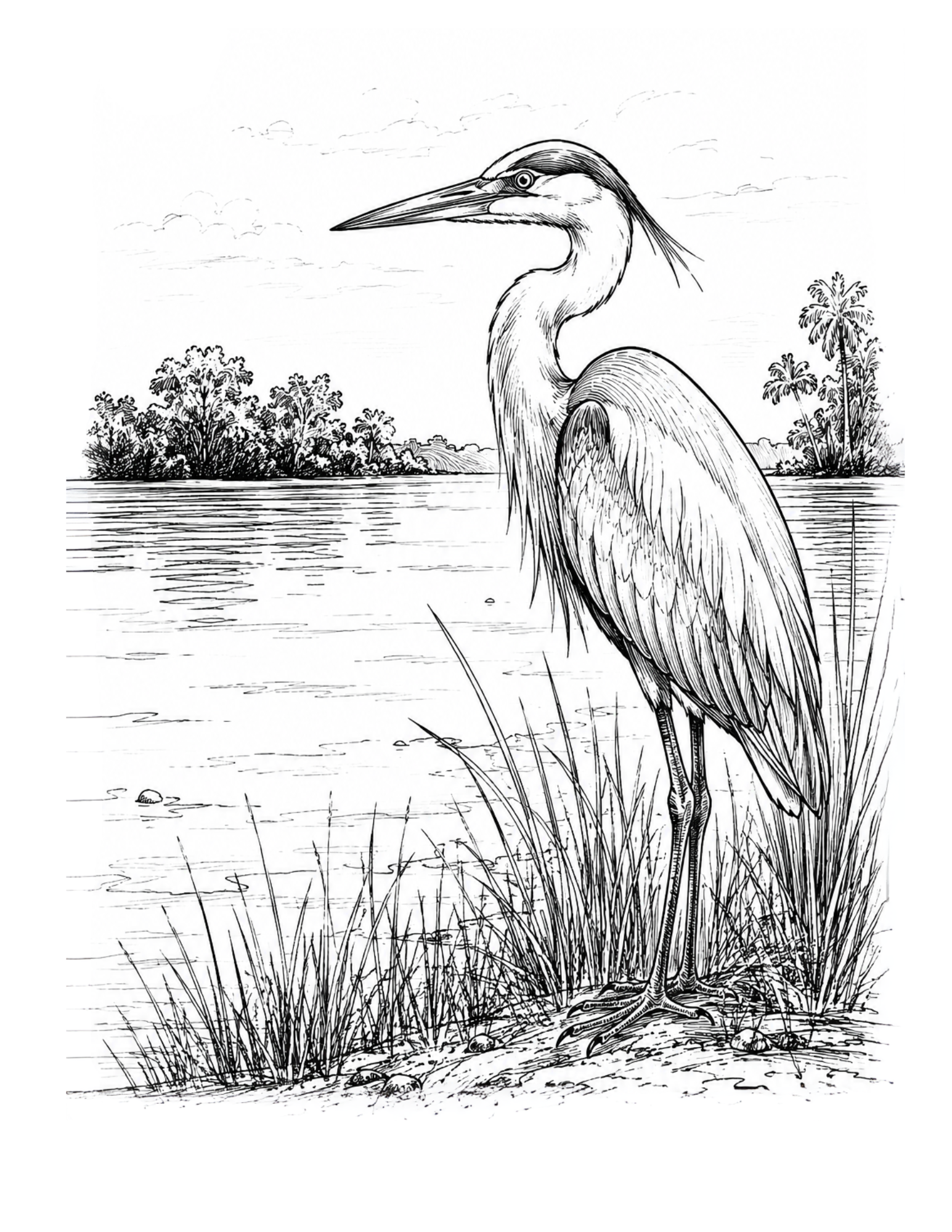 Black and white illustration of a heron by a body of water with trees in the background.