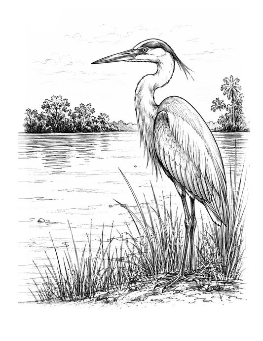 Black and white illustration of a heron by a body of water with trees in the background.