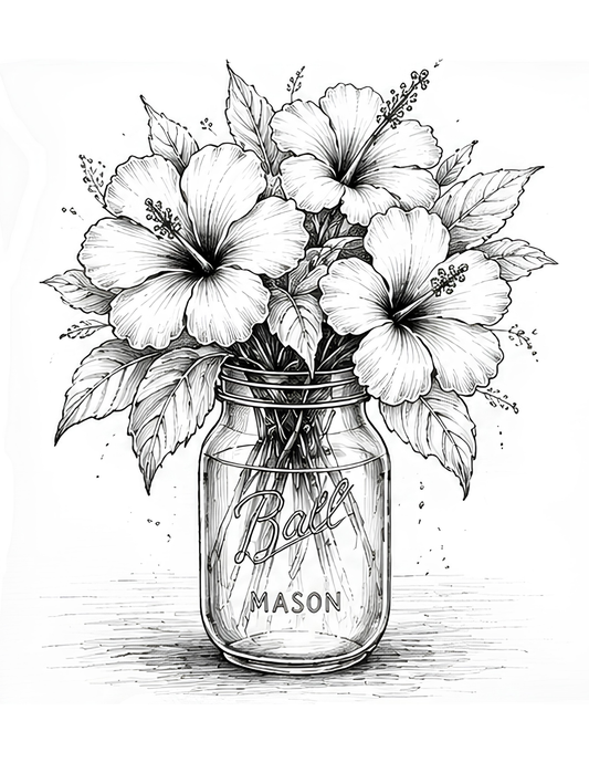 Black and white illustration of a mason jar with flowers