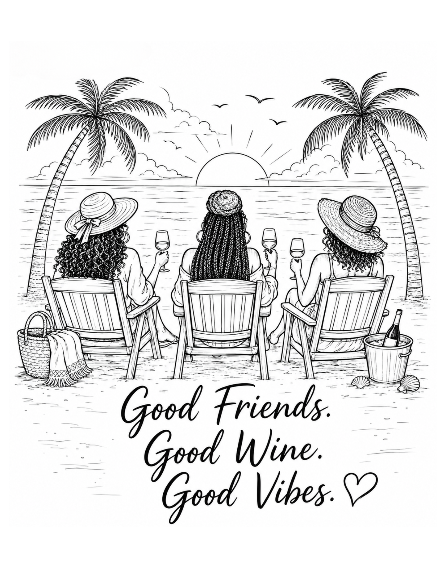 Three women sitting on a beach with palm trees and a sunset, enjoying wine and each other's company.