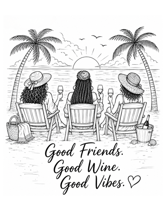 Three women sitting on a beach with palm trees and a sunset, enjoying wine and each other's company.
