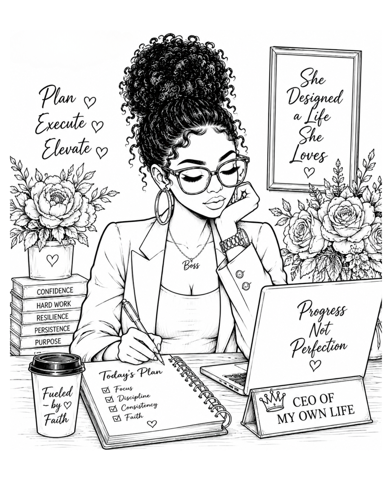 Illustration of a woman sitting at a desk with motivational text and elements.