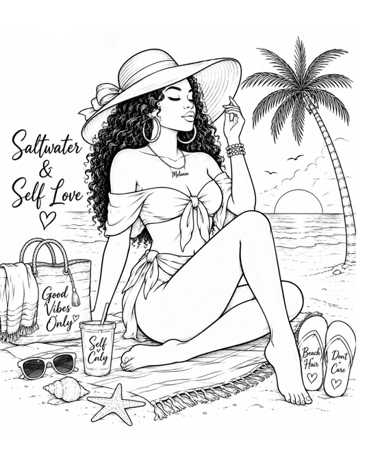 Black and white illustration of a woman on a beach with palm trees and text.