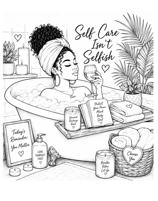 Woman relaxing in a bath with self-care items and text 'Self Care Isn't Selfish'.