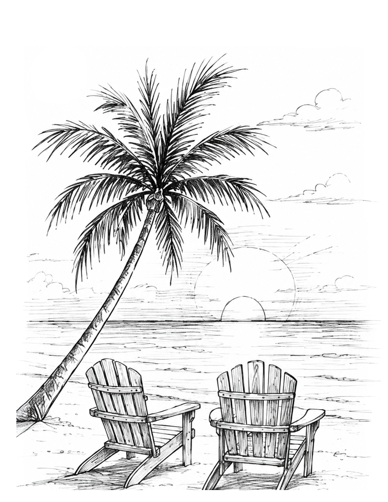 Black and white illustration of two Adirondack chairs under a palm tree on a beach at sunset.