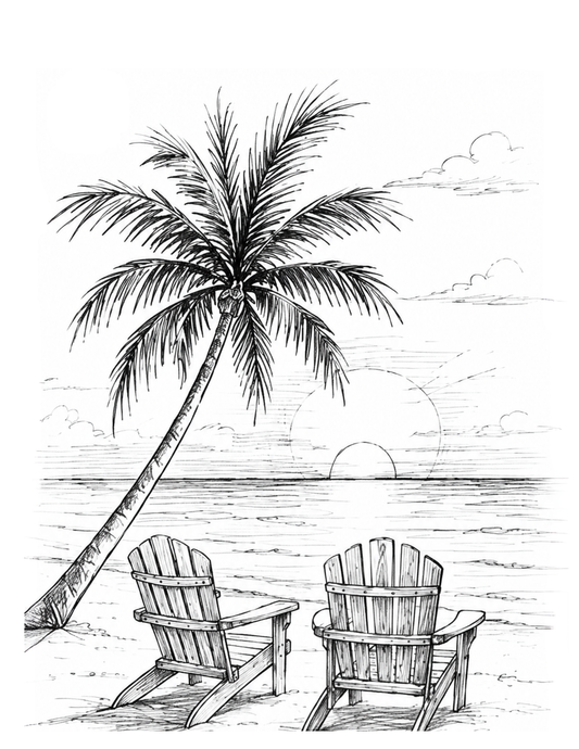 Black and white illustration of two Adirondack chairs under a palm tree on a beach at sunset.